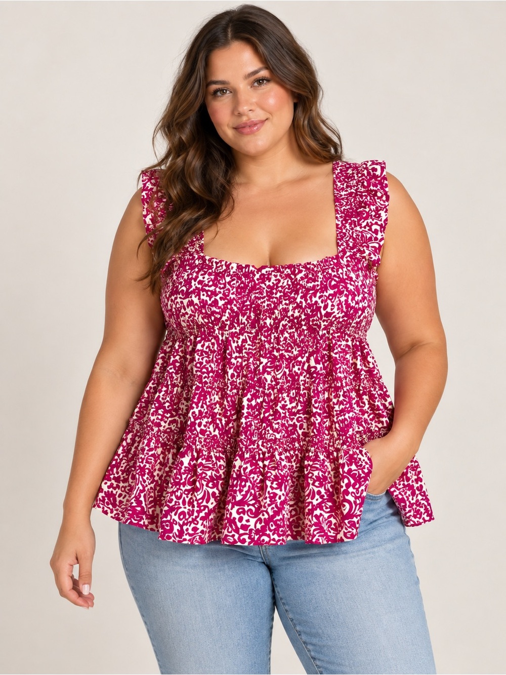 Terra & Sky 3X Sleeveless Smocked Paisley Top Pink & Cream